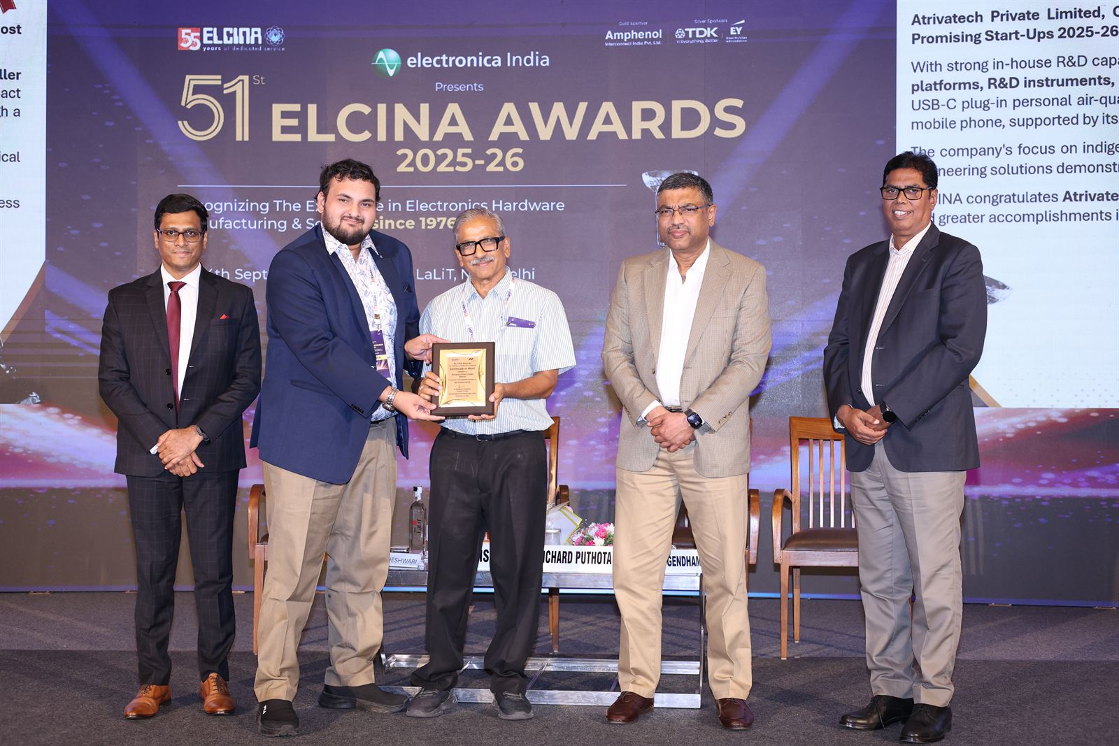 Director Atul Ravi receiving the Certificate of Merit for the Most Promising Startup at the 51st ELCINA Awards 2025-26